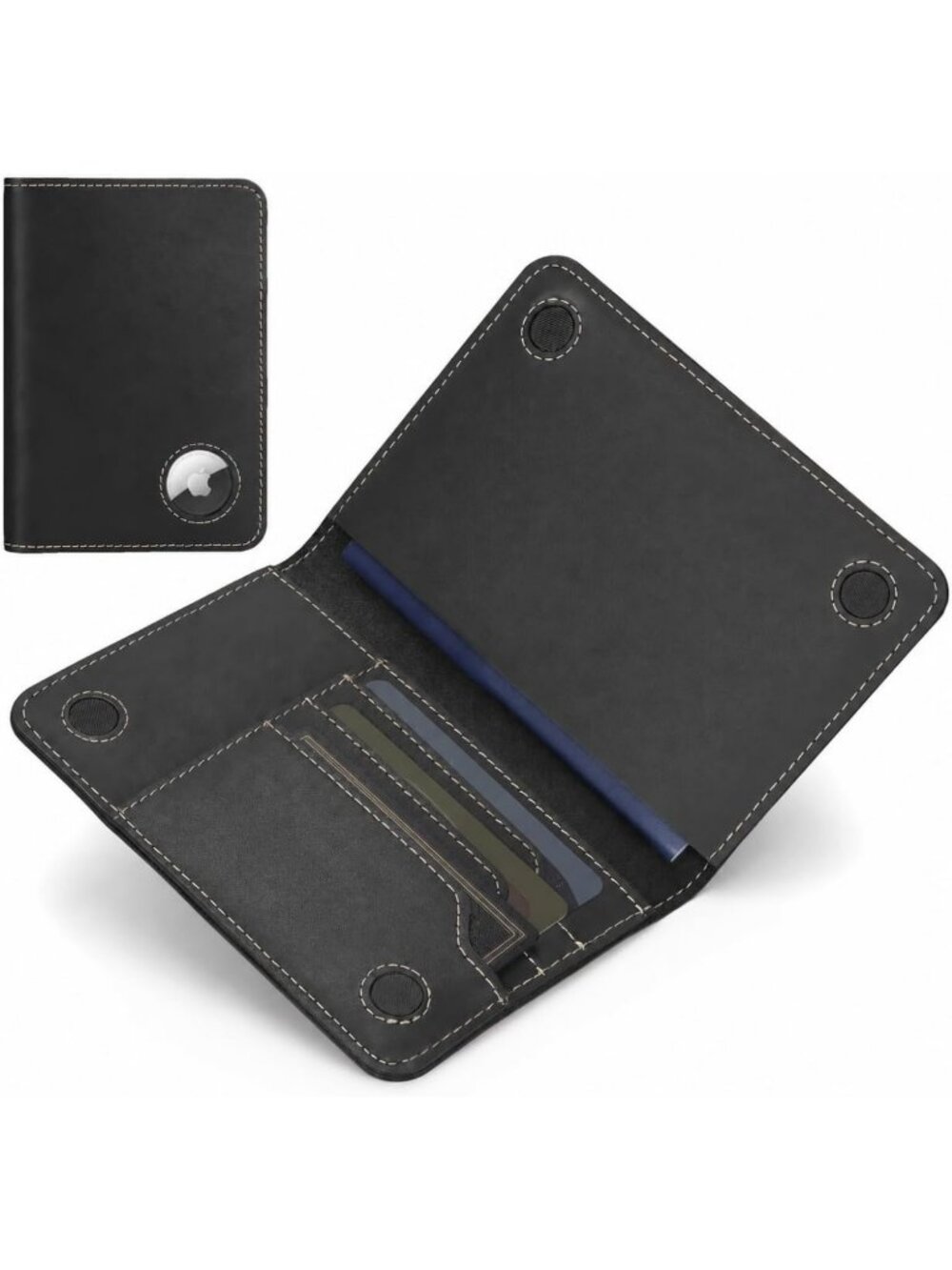 Genuine Leather Passport Holder with AirTag Slot, RFID Blocking Travel Wallet